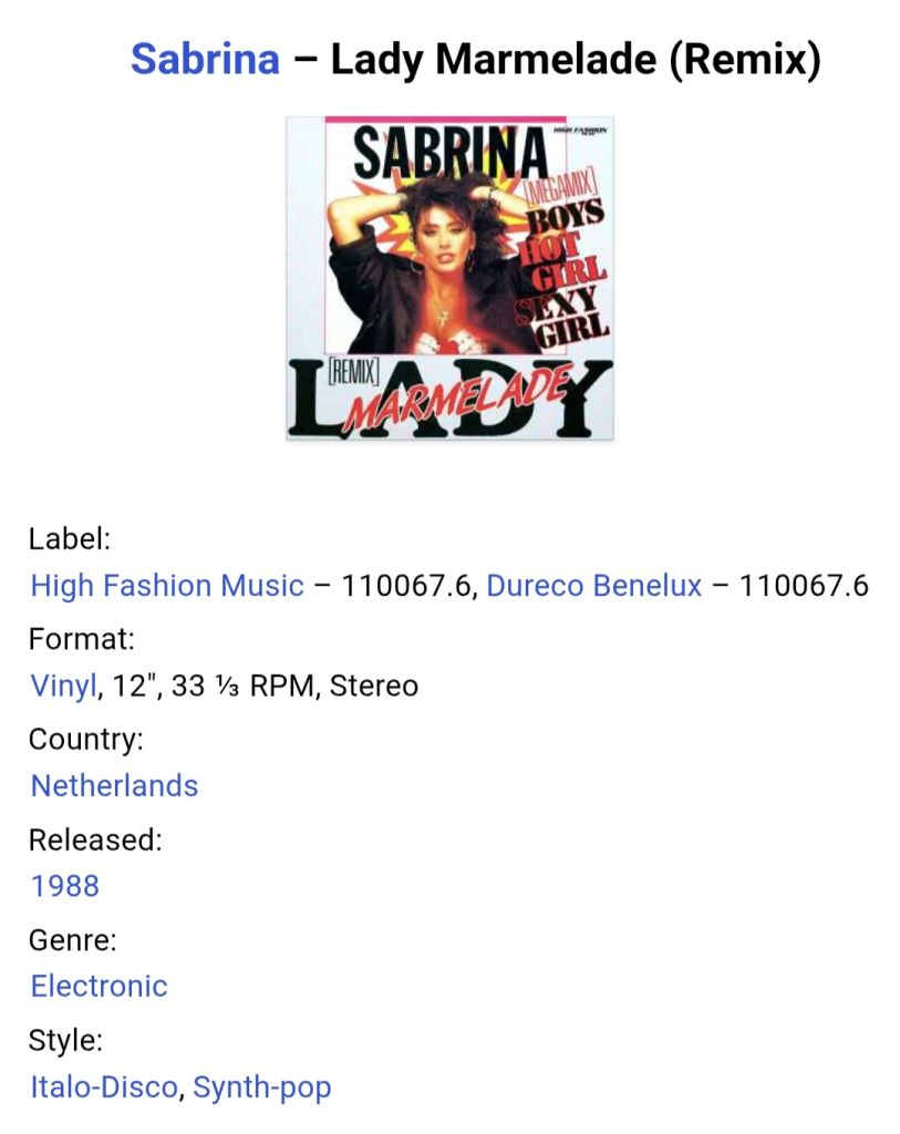 Sabrina - Lady Marmelade  (Remix) - 1988.  (EP). 12. Vinyl. Пластинка. Netherlands. - фото фото фото 4