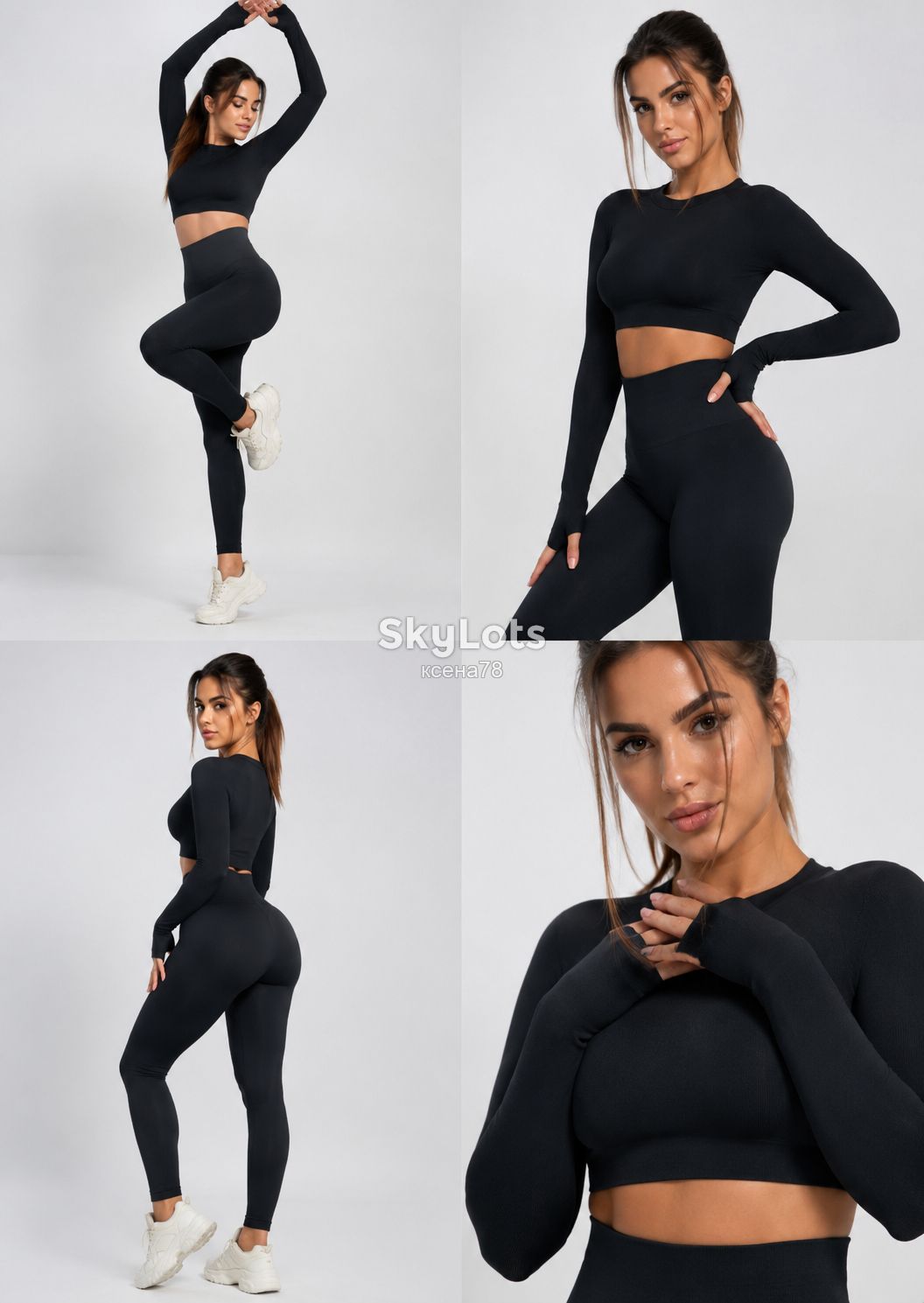 Кроп-топ лонгслів Longsleeve з отворами для пальців, Black-Black  Розмір L/XL - фото фото фото 2