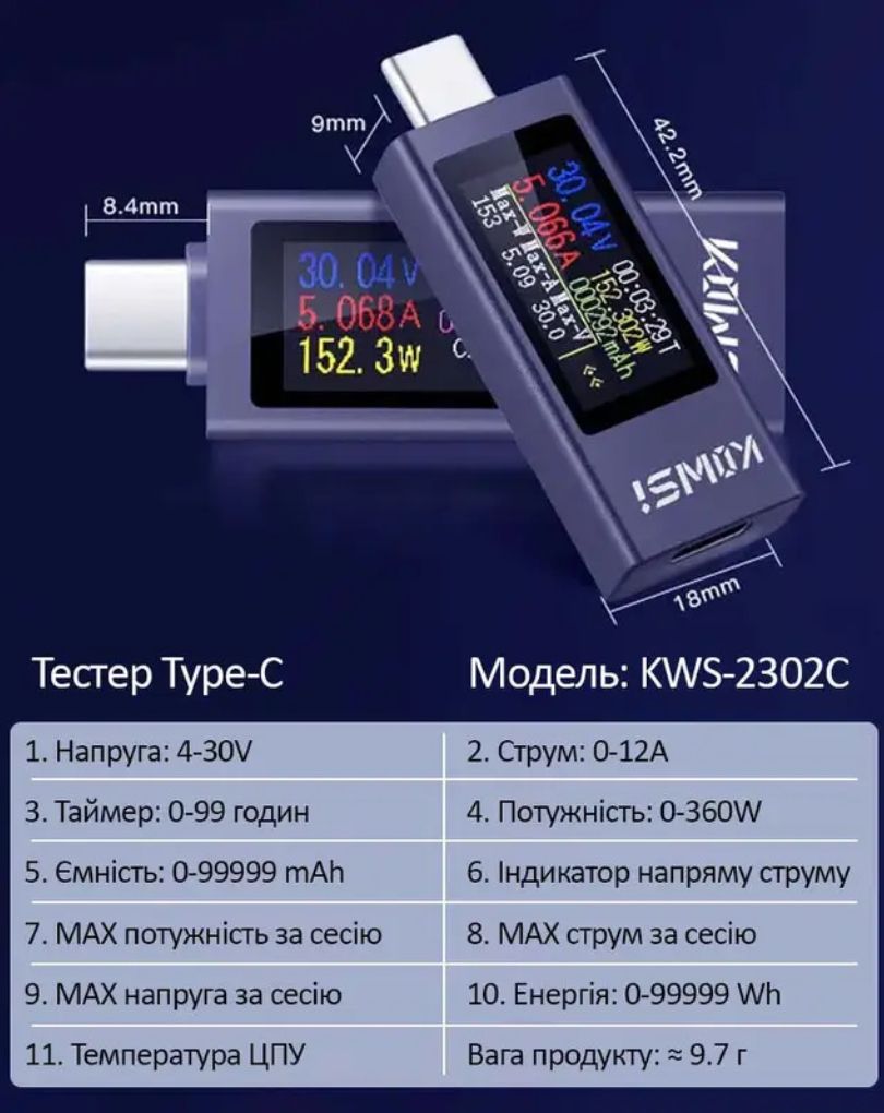 Многофункциональный USB тестер KOWSI KWS-2302C Type-C - фото фото фото 6