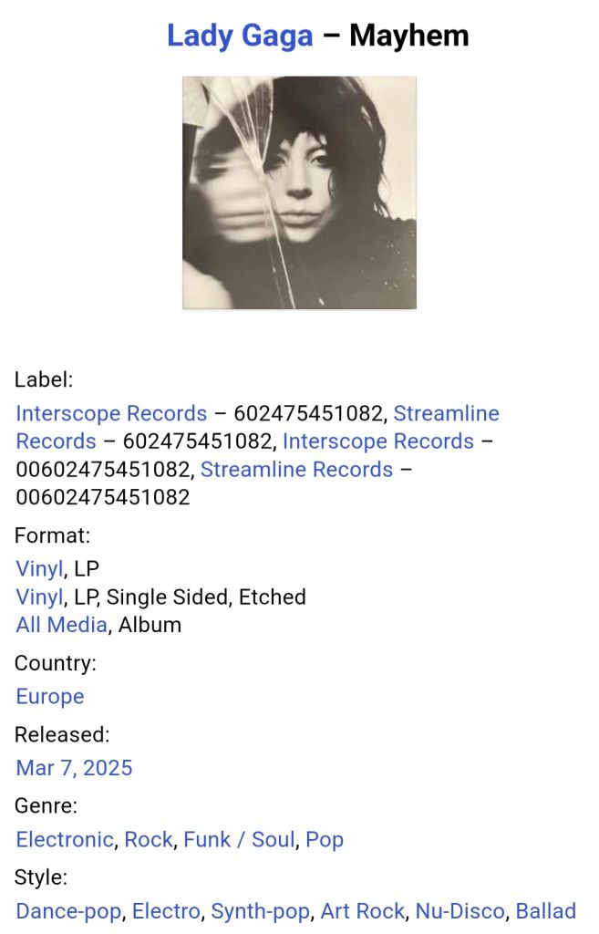 Lady Gaga - Mayhem - 2025.  (2LP). 12. Vinyl. Пластинка. Europe. S/S. - фото фото фото 5