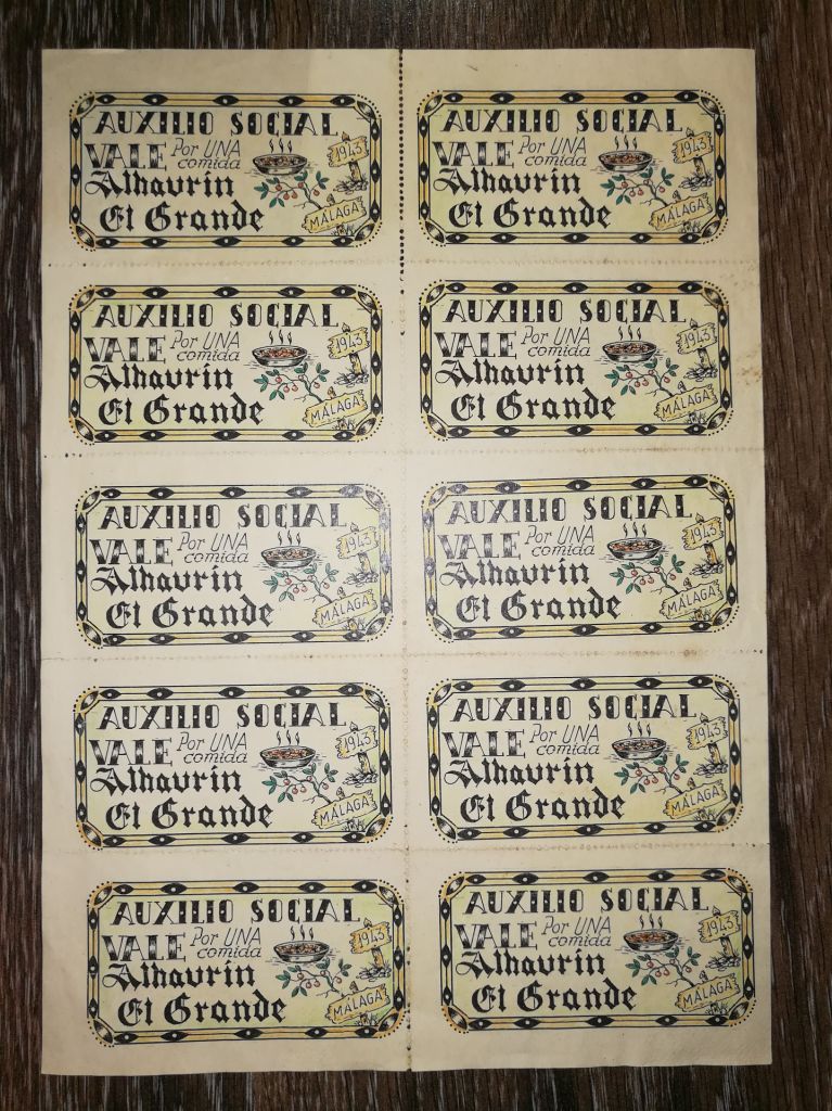 Картка купонів, 10шт. Іспанія 1943. Алаурін-ель-Гранде, Малага. Соц. допомога. Охорона здоров'я - фото фото фото 1