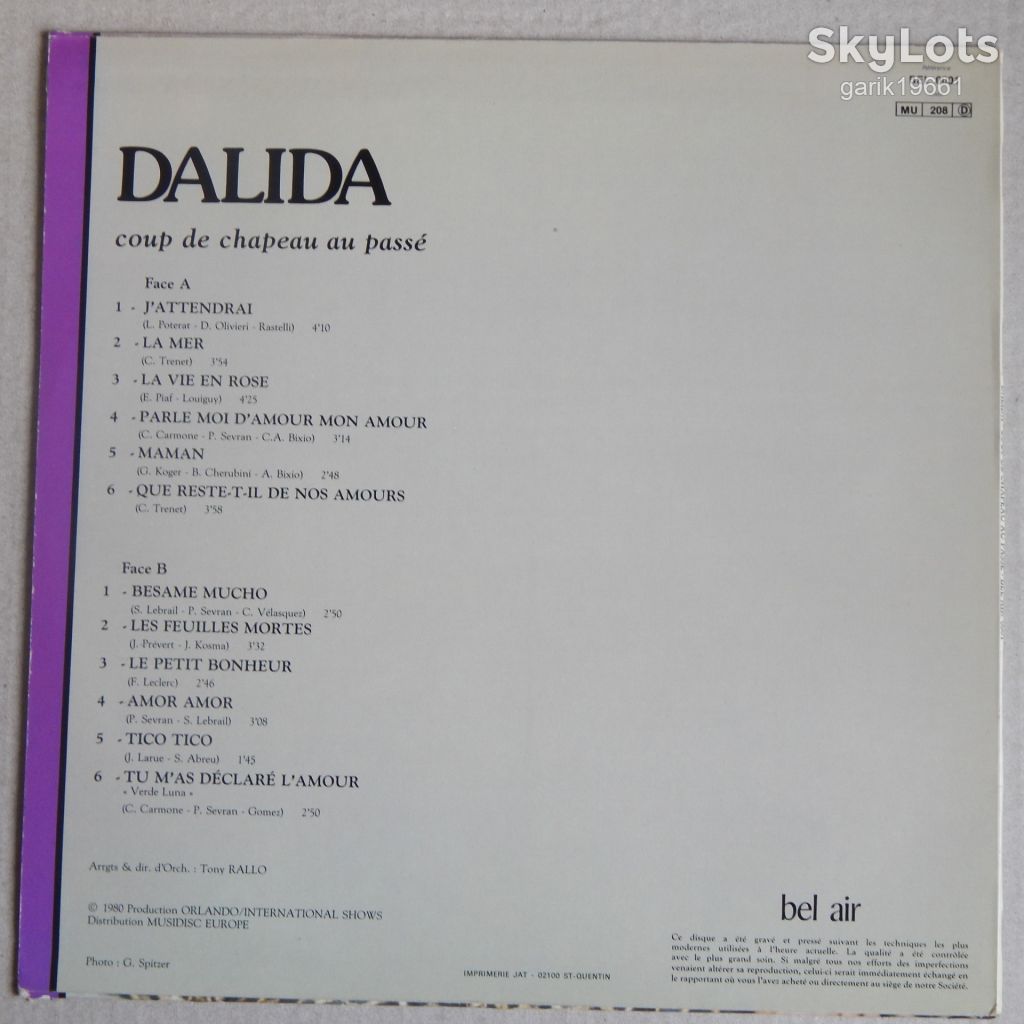 Dalida – Coup De Chapeau Au Passe  (Bel Air – BEL 0001, France) NM-/NM- - фото фото фото 1