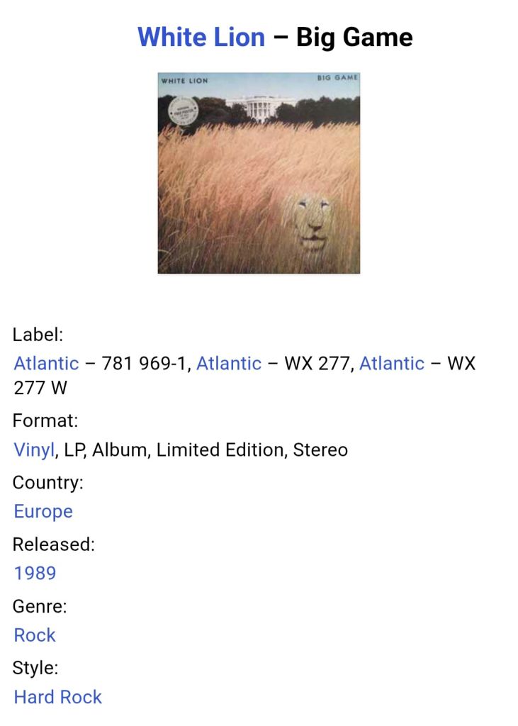 White Lion - Big Game - 1989.  (LP). 12. Vinyl. Пластинка. Europe. - фото фото фото 6