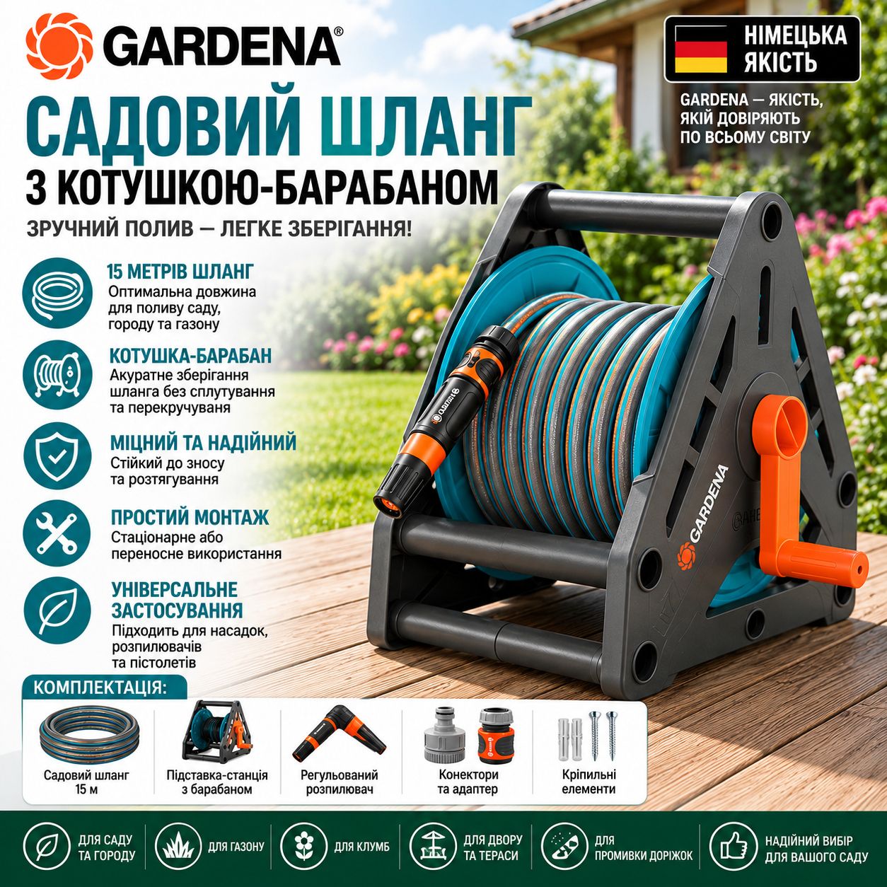 Катушка з шланг Gardena Classic довжиною 15 метрів з комплектом для підключення. - фото фото фото 0