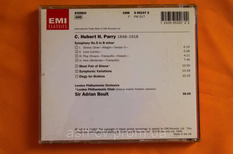 Музичний диск CD. PARRY - SYMPHONY No5 1987 - фото фото фото 2