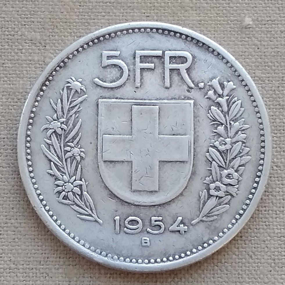 Швейцария 5 франков, 1954 г, серебро - фото фото фото 0