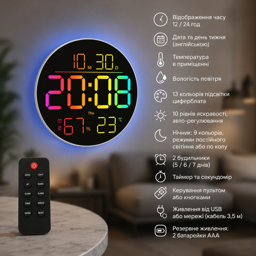 Годинник настінний 6695R / Настінний годинник круглі RGB з пультом / Календар, температура, вологість - фото фото фото 1