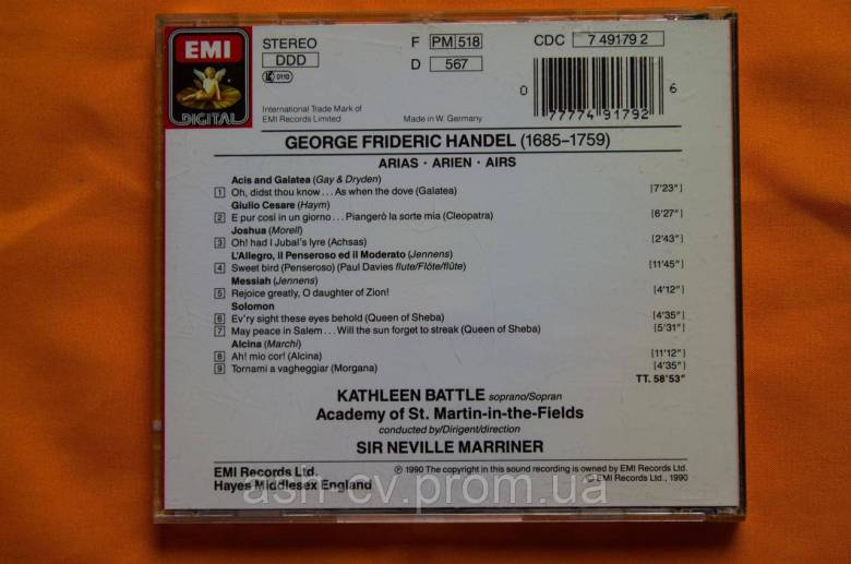 Музичний диск CD. HANDEL - Kathleen Battle 1990 - фото фото фото 2
