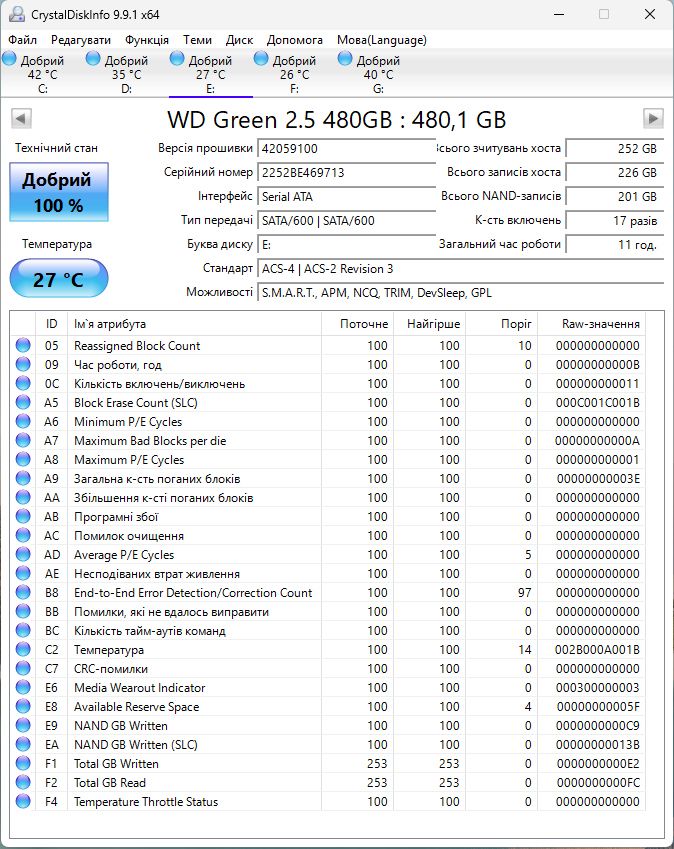 SSD SSD Western Digital WD Green 480GB SATA 2.5" — робочий, відмінний стан   (100%) - фото фото фото 2