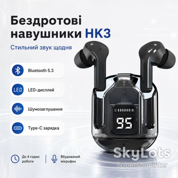 Беспроводные Bluetooth-наушники HK3 TWS вакуумные с LED-дисплеем, шумоподавлением, микрофоном, игровым режимом и зарядным - фото фото фото 0
