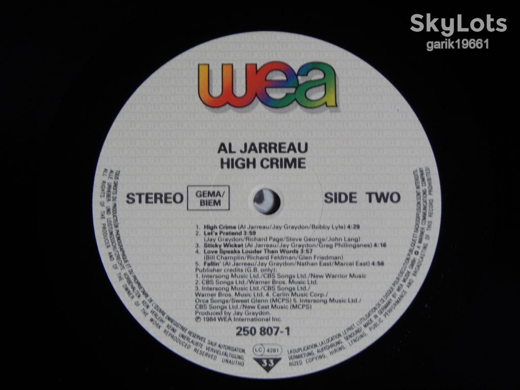 Al Jarreau ‎– High Crime  (WEA ‎– 250 807-1, Germany) EX/NM- - фото фото фото 3