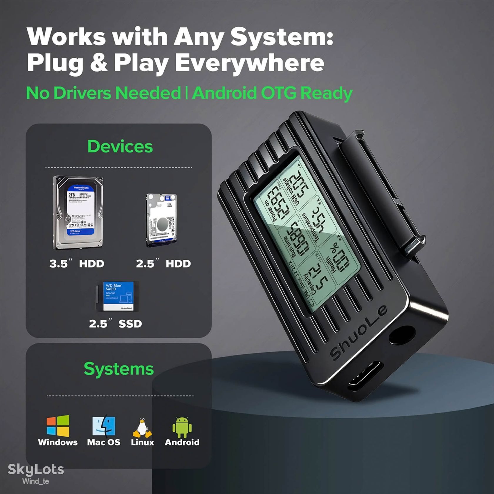 Адаптер перехідник USB 3.2 на SATA  ( HDD та SSD ) з LCD-екраном ShuoLe  ( переходник ) - фото фото фото 9