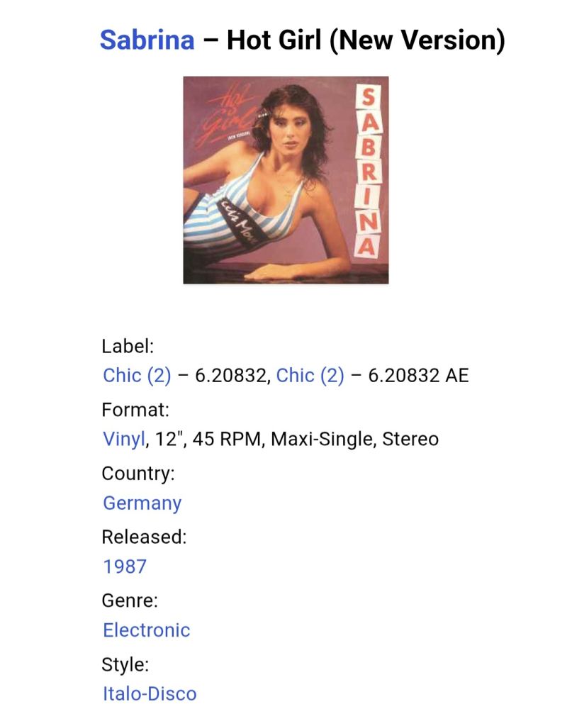 Sabrina - Hot Girl  (New Version) - 1987.  (EP). 12. Vinyl. Пластинка. Germany. - фото фото фото 4