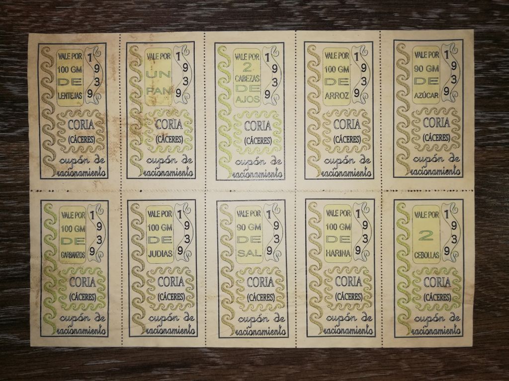 Картка купонів, 10шт. Іспанія 1939. Корія, Касерес. Дон Кіхот, Санчо Панса - фото фото фото 1