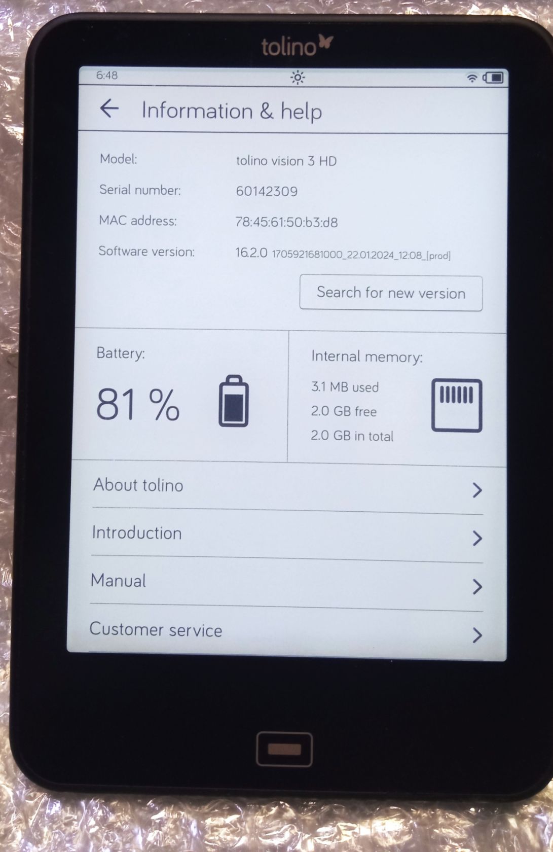 Електронна книга Tolino Vision 3 HD   (E-Ink Carta, підсвічування, Wi-Fi) - фото фото фото 0
