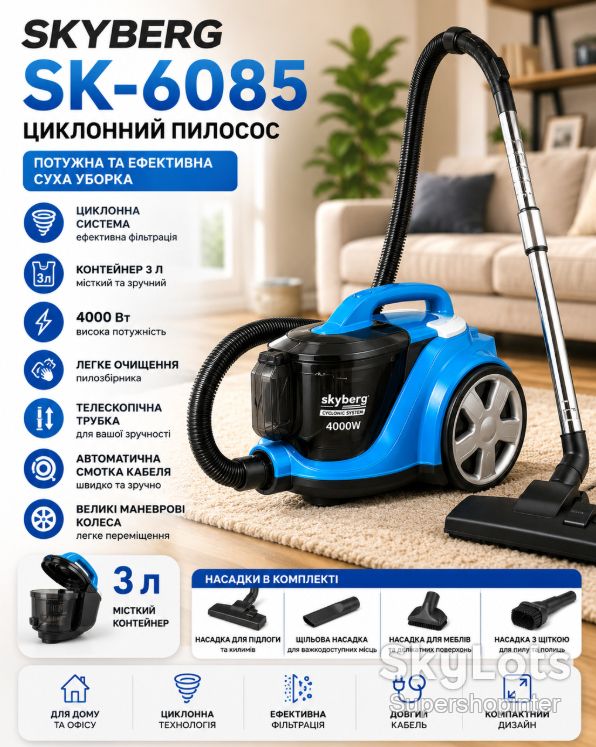 Пылесос Skyberg SK-6085 / Пылесос безмешковый 4000 Вт / Пылесос контейнер 3 л - фото фото фото 0