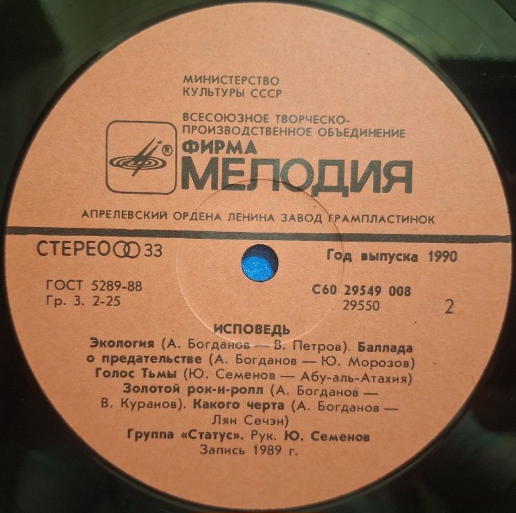 Статус - Исповедь - 1989.  (LP). 12. Vinyl. Пластинка. Rare. - фото фото фото 3