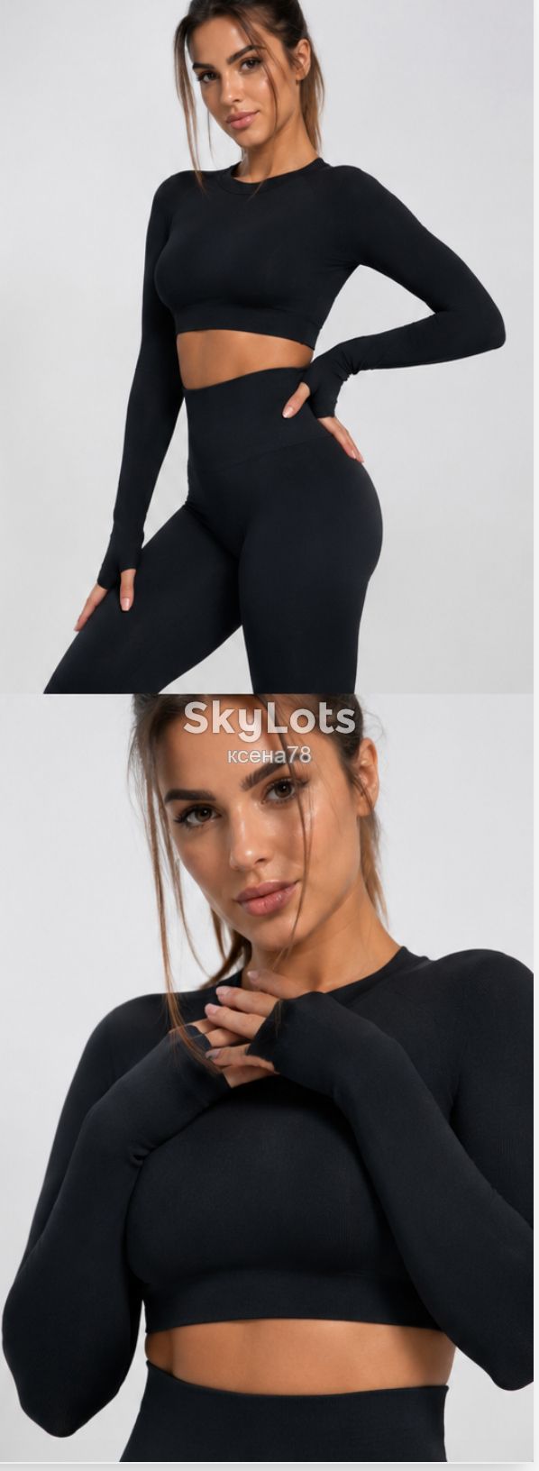Кроп-топ лонгслів Longsleeve з отворами для пальців, Black-Black  Розмір L/XL - фото фото фото 5