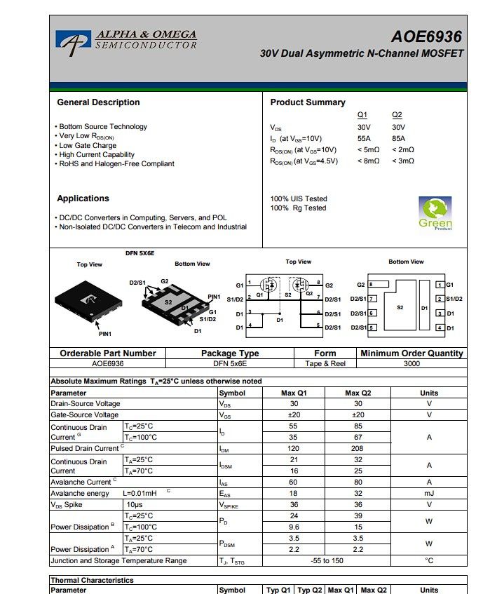 100% NEW!!  Dual Asymmetric N-Channel MOSFET AOE6936/E6936/6936 30V 55A - фото фото фото 1