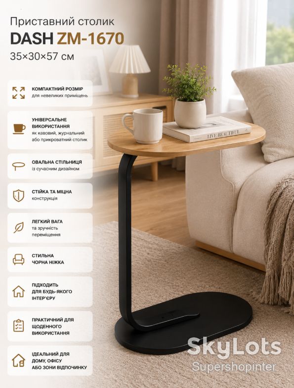Столик DASH  (ZM-1670)  (Светлое дерево)  (Кофейный, журнальный, прикроватный, овальный. ножка чёрная) // - фото фото фото 0
