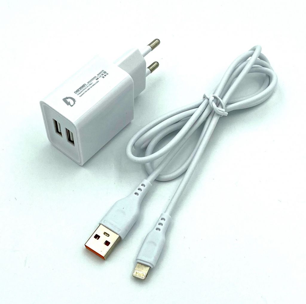 Адаптер питания / Сетевое ЗУ DENMEN DC02L + кабель Lightning     (5V/2.1A/2USB) White - фото фото фото 1