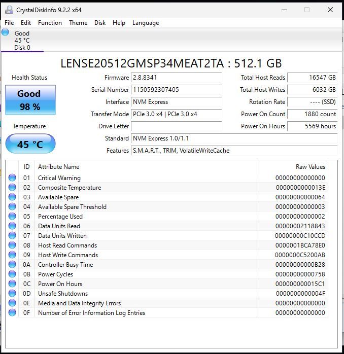 Накопичувач NVMe Lenovo LENSE20512GMSP34MEAT2TA - 512GB - M.2 2280 - 98% - фото фото фото 2