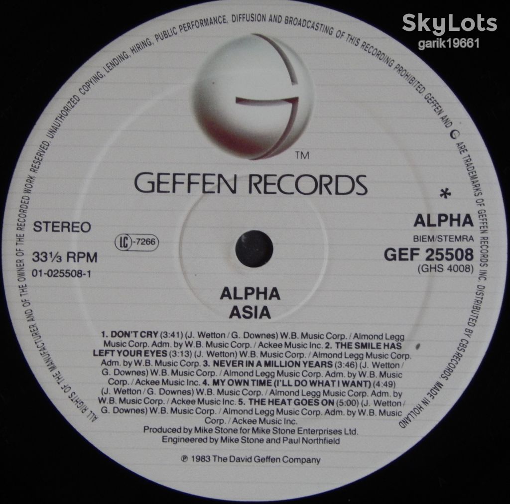 Asia – Alpha  (Geffen Records – GEF 25508, Holland) inner sleeve EX+/NM- - фото фото фото 3
