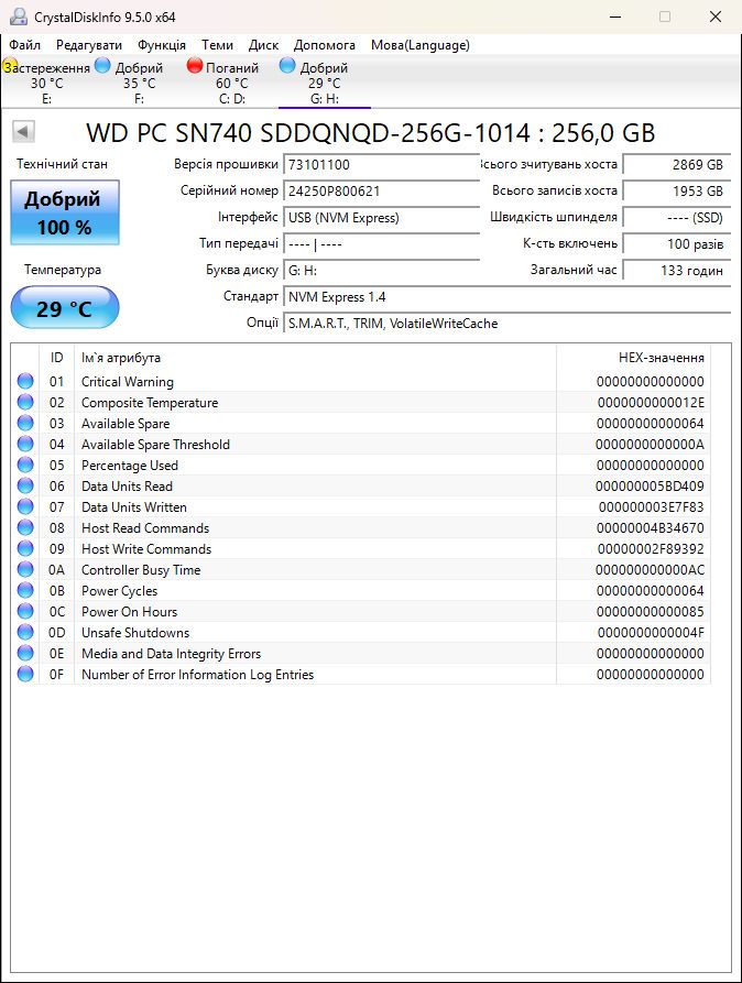 256Gb SSD NVMe PCI-E 4.0 WD SN740 2280 100% - фото фото фото 1