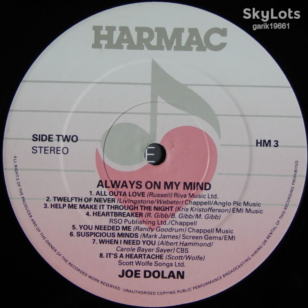 Joe Dolan – Always On My Mind  (Harmac – HM 3, Ireland) EX+/NM- - фото фото фото 3