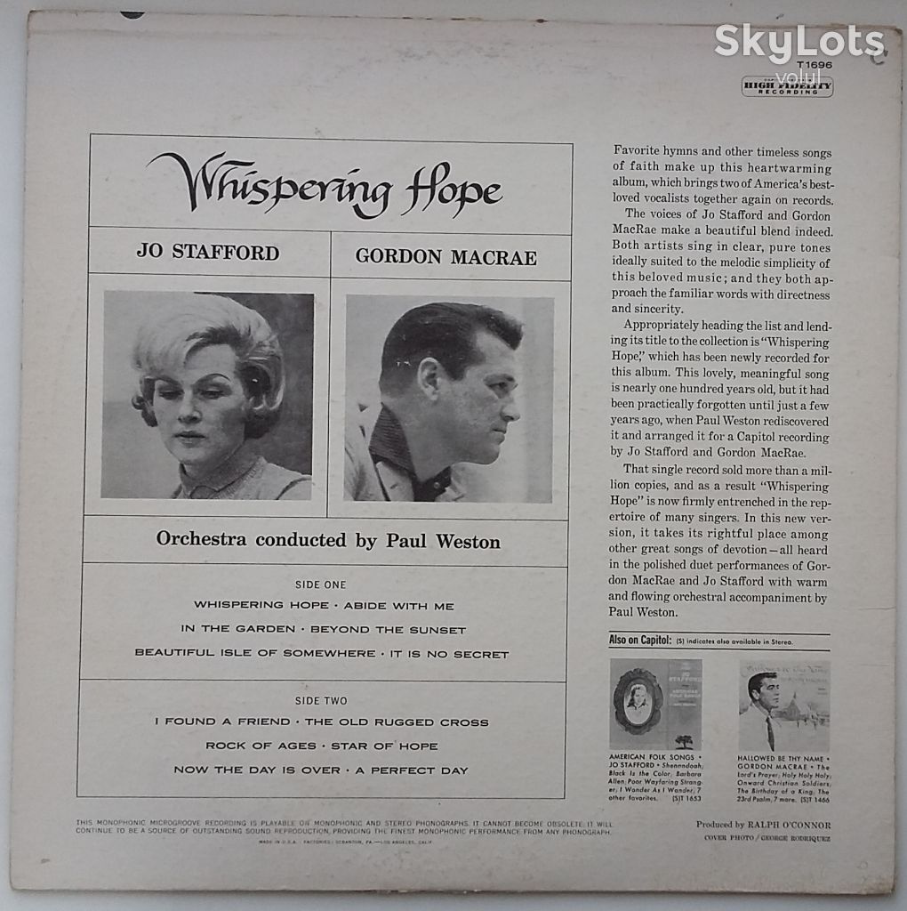 JO STAFFORD AND GORDON MACRAE Whispering Hope LP VG/G+ - фото фото фото 1