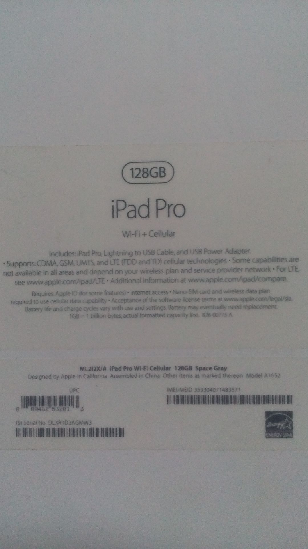 apple IPAD PRO wifi cellular 128gb коробка документы a1652 - фото фото фото 2