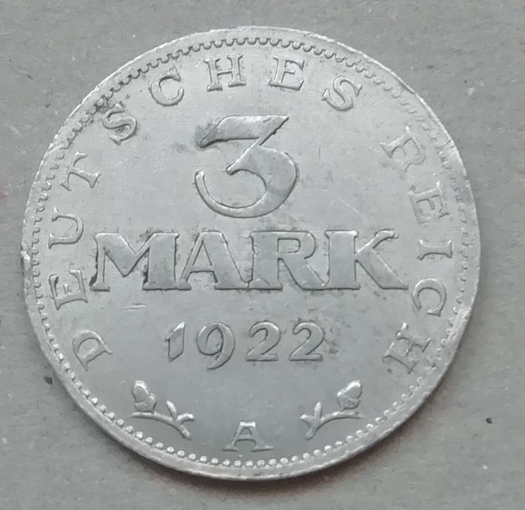 Германия  3 марок 1922   Монетный двор А  (Берлин) - фото фото фото 0