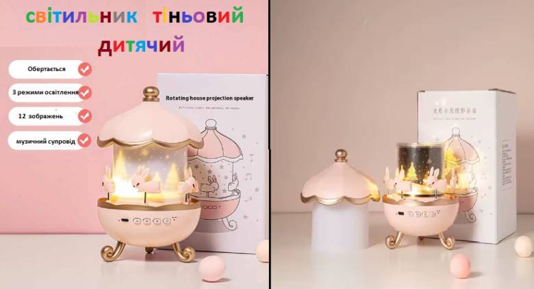 Дитяча нічна проекційна  LED-лампа з 12 змінними слайдами. Світильник-нічник Карусель Зайченята - фото фото фото 4