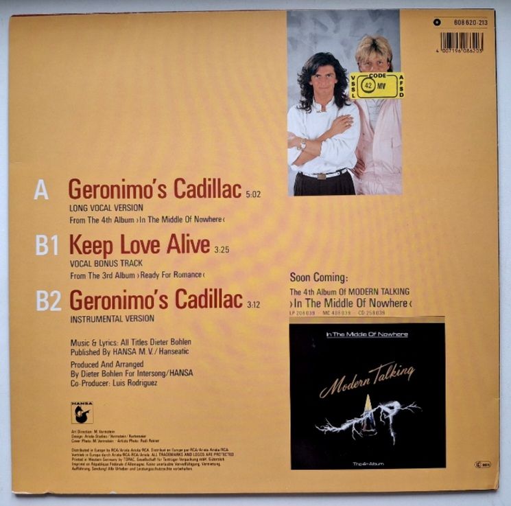 Modern Talking - Geronimo's Cadillac - 1986.  (EP). 12. Vinyl. Пластинка. Germany. - фото фото фото 1