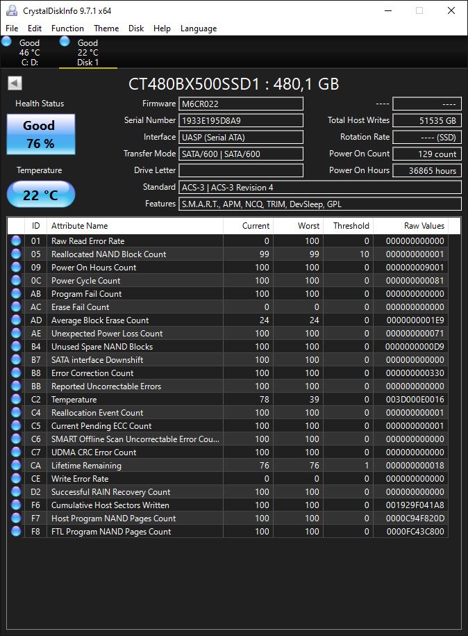 SSD CRUCIAL 2.5 SATA 480GB. 76%. - фото фото фото 0
