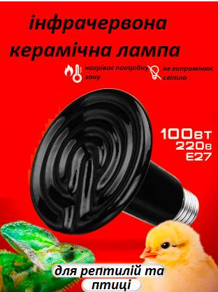 Лампа термічна інфрачервона керамічна 100 Вт.брудер для обігрівання курчат, тераріумів - фото фото фото 1
