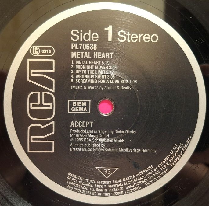 Accept EX U.D.O. - Metal Heart - 1985.  (LP). 12. Vinyl. Пластинка. Germany. - фото фото фото 4