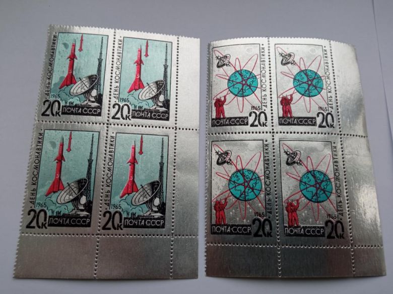 СССР 1965 г. ДЕНЬ КОСМОНАВТИКИ, ФОЛЬГА (КВАРТБЛОКИ угловые), № 3098-3099, чистые. - фото фото фото 0