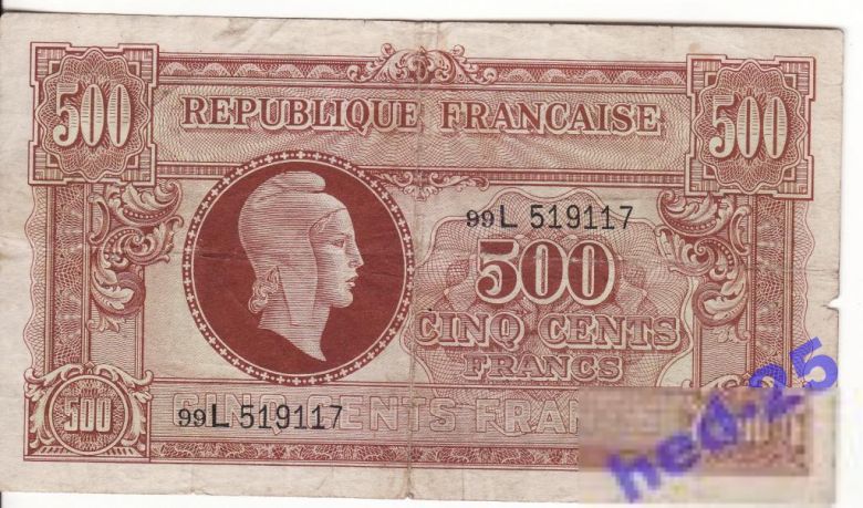 500 франков 1944 вып. в Англии! P106 очень редкая - фото фото фото 0