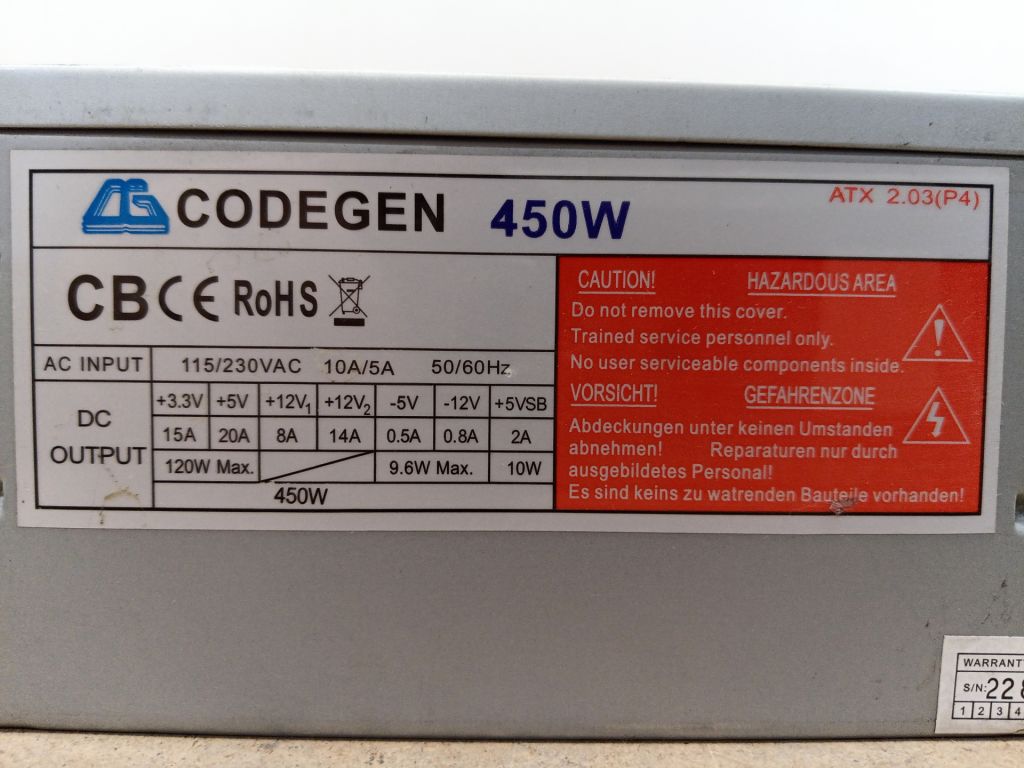 Б/У Блок живлення Codegen 450W  80FAN   код Б225 - фото фото фото 2