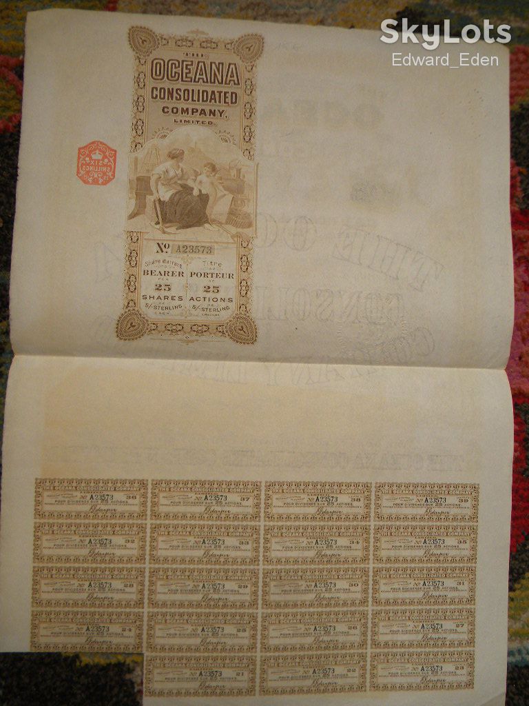 АКЦИИ "THE OCEANA CONSOLIDATED COMPANY LIMITED" - 25 АКЦИЙ – 1929 г. - фото фото фото 2