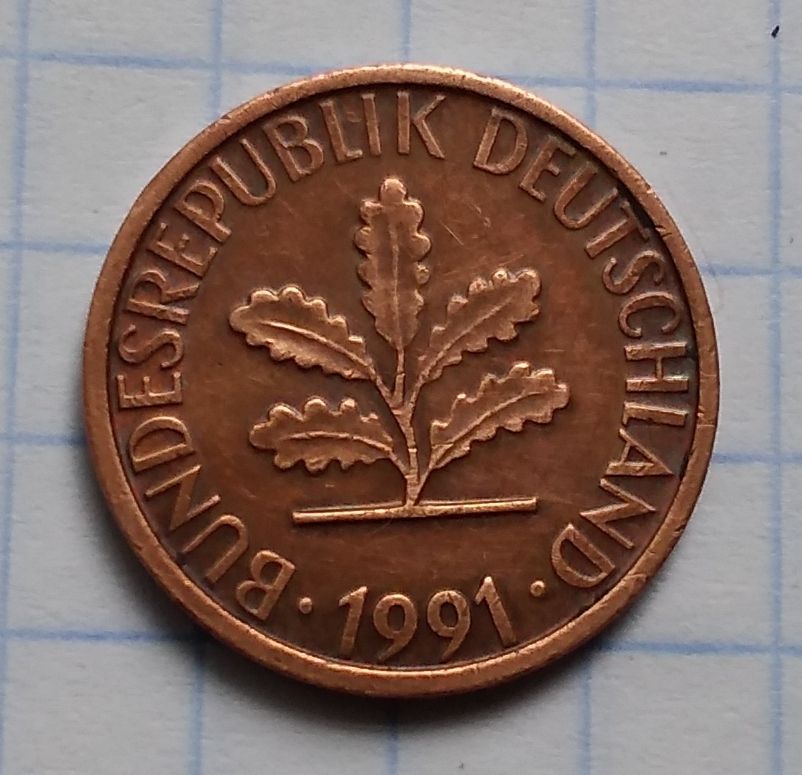 Германия 1 пфенниг,  1991 г  А - фото фото фото 1
