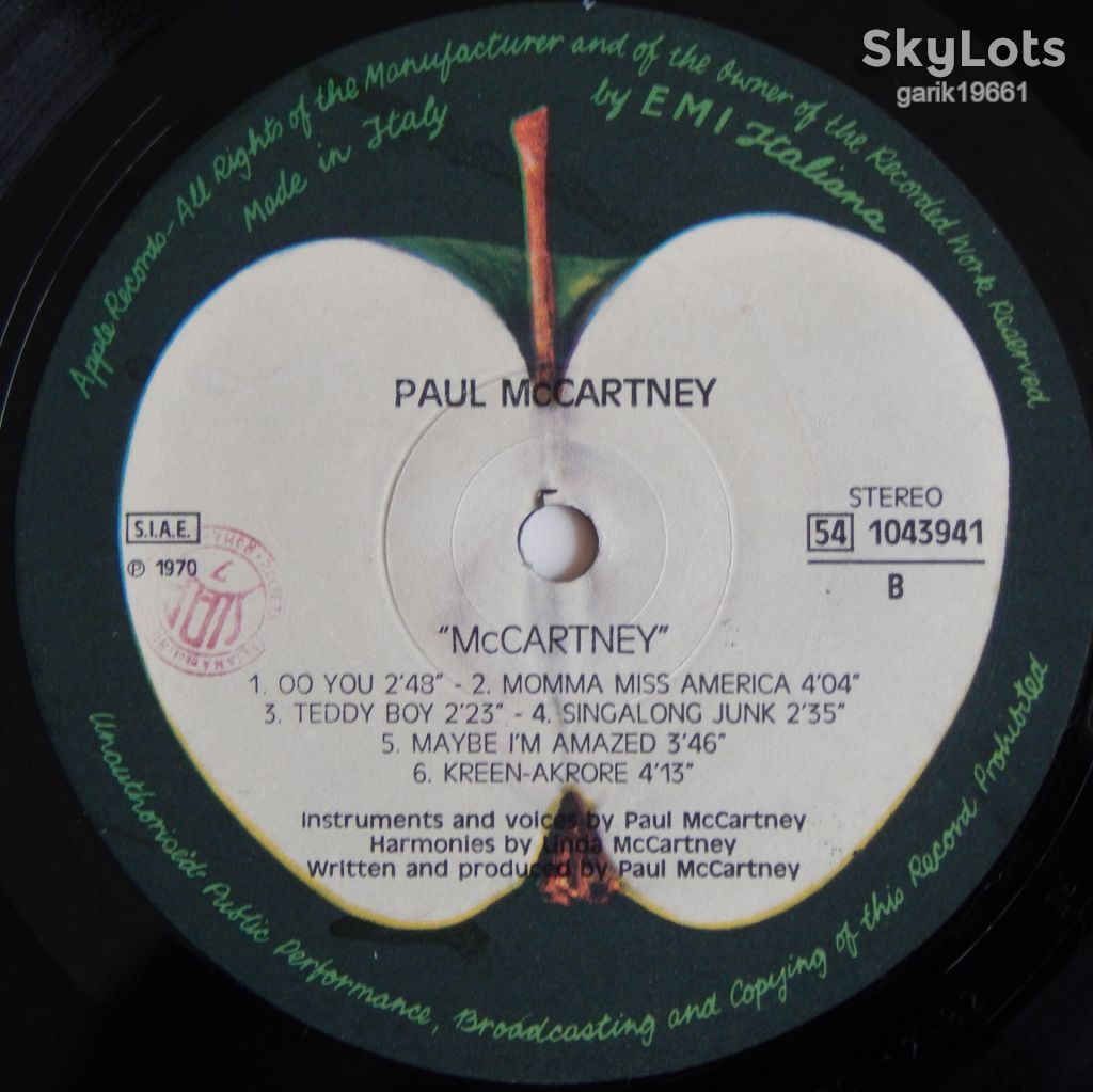 Paul McCartney – McCartney  (Apple Records – 54 1043941, Italy) EX/EX+ - фото фото фото 4