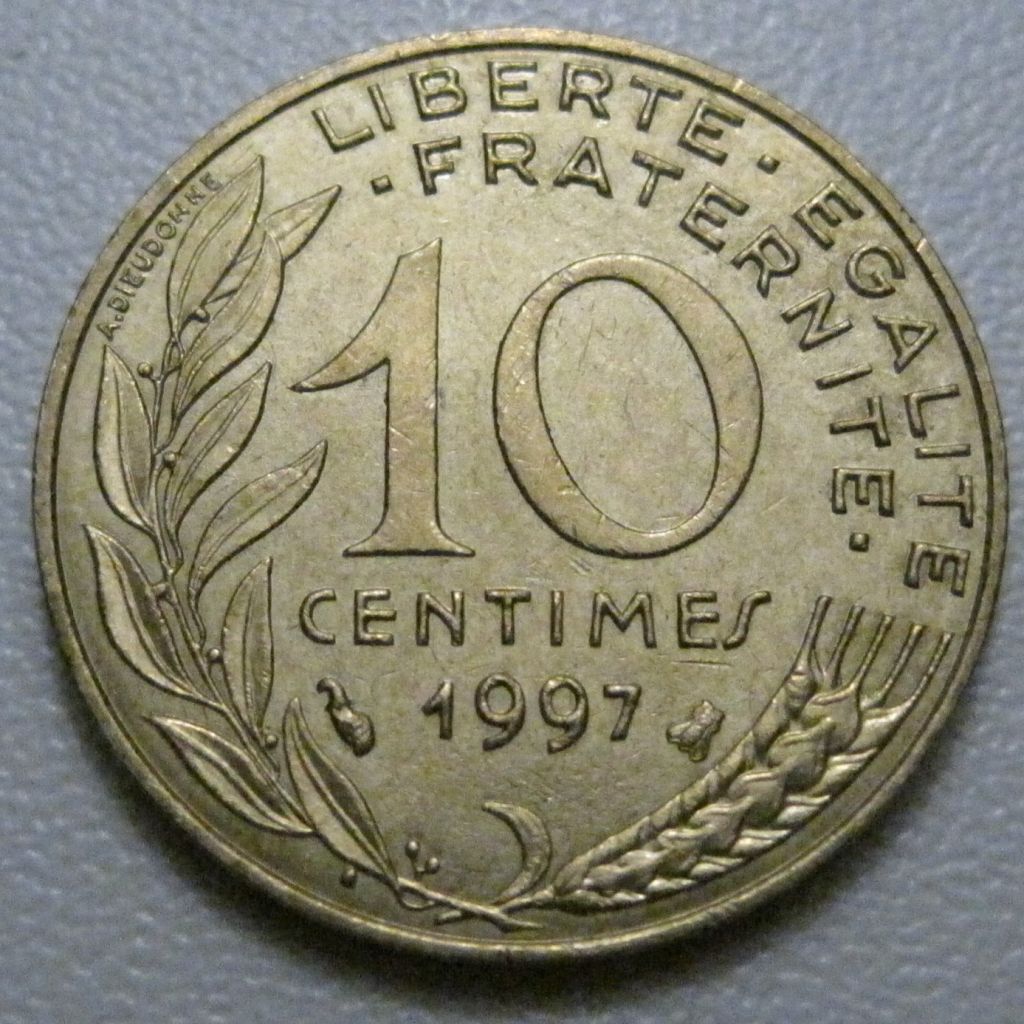 Франція 10 сантимів 1997 року 42034 - фото фото фото 0