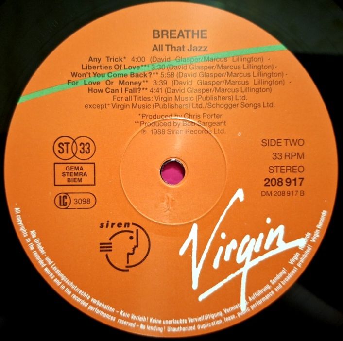 Breathe - All That Jazz - 1988.  (LP). 12. Vinyl. Пластинка. Europe. - фото фото фото 5