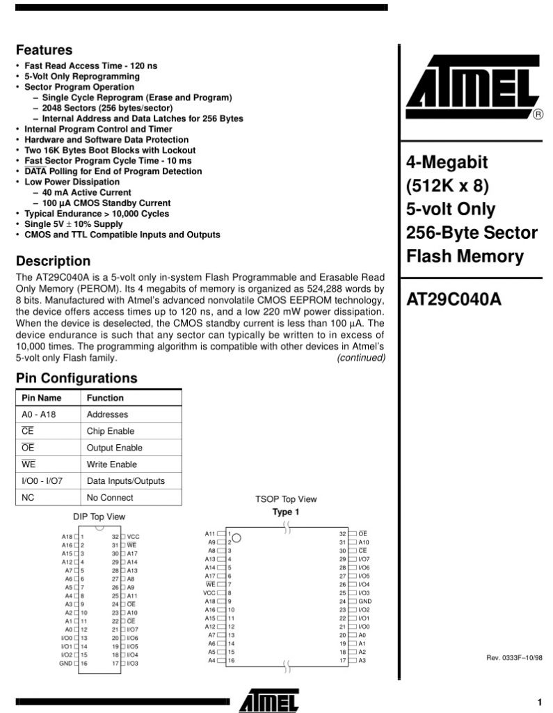 AT29C040A-12PI DIP 5V 120ns 4Mbit flash memory - фото фото фото 1