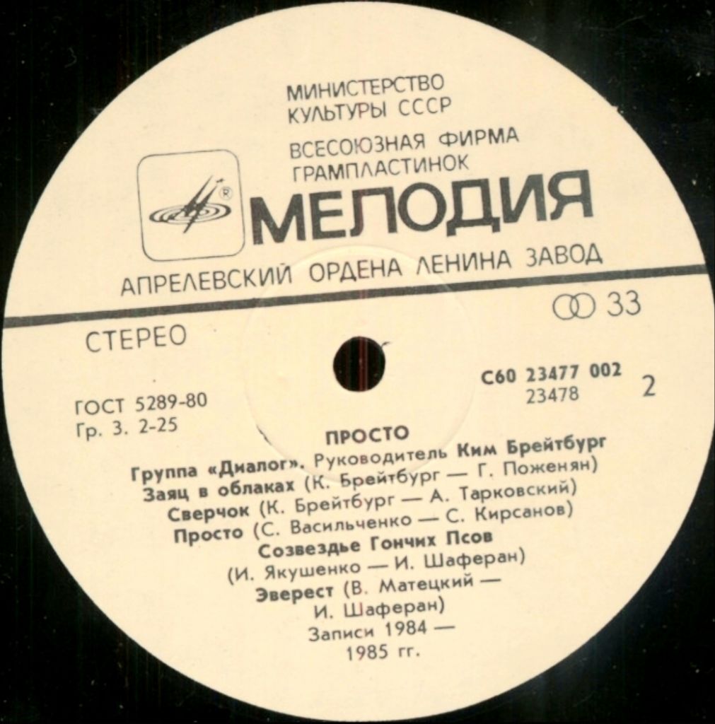 Диалог ЕХ Меладзе - Просто - 1985.  (LP). 12. Vinyl. Пластинка - фото фото фото 3