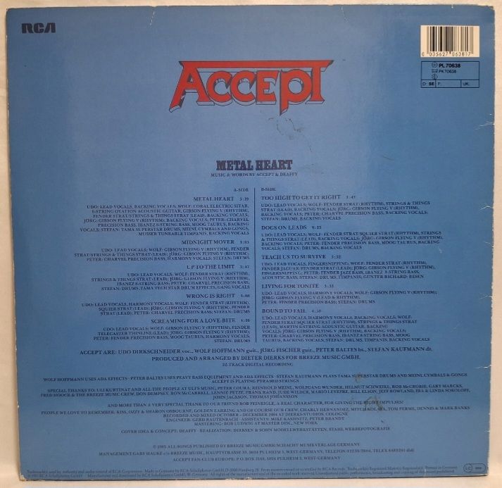 Accept EX U.D.O. - Metal Heart - 1985.  (LP). 12. Vinyl. Пластинка. Germany. - фото фото фото 1