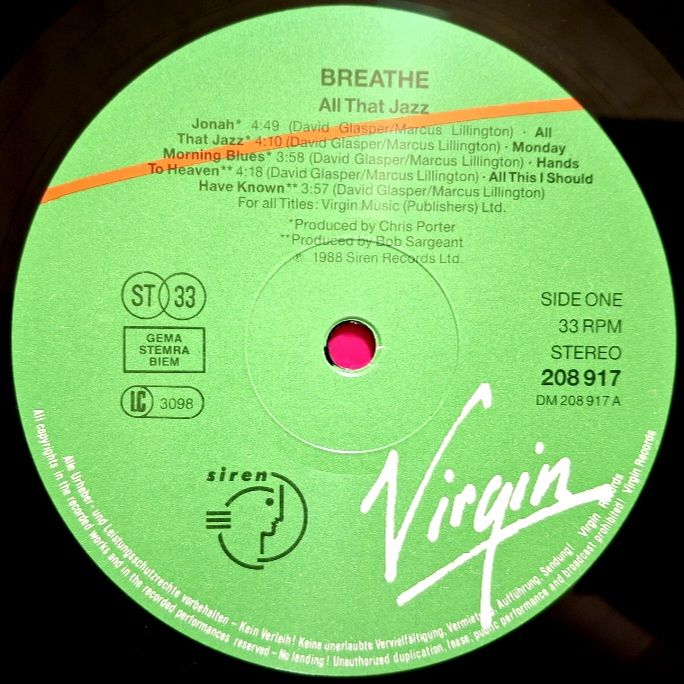 Breathe - All That Jazz - 1988.  (LP). 12. Vinyl. Пластинка. Europe. - фото фото фото 4