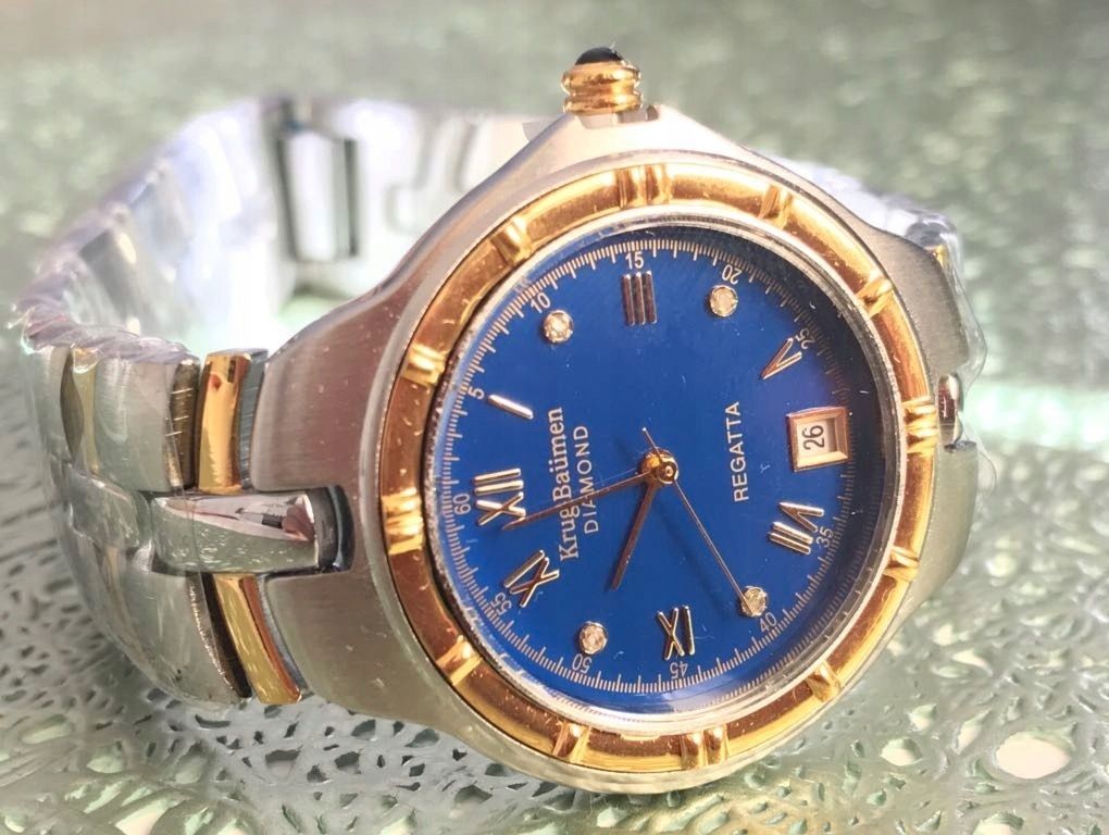 Krug-Baumen 2615DM — чоловічий наручний годинник з діамантами, синій циферблат, стальний браслет, з Європи - фото фото фото 3